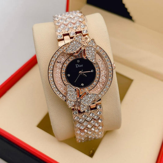 Rose Gold Crystal Butterfly Bracelet Watch for Women