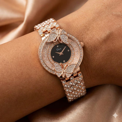 Rose Gold Crystal Butterfly Bracelet Watch for Women