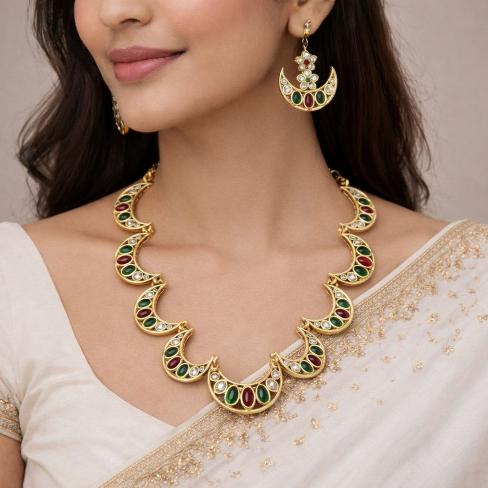 Traditional Gold-Tone Crescent Motif Necklace & Earring Set