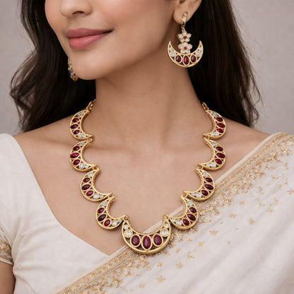 Traditional Gold-Tone Crescent Motif Necklace & Earring Set