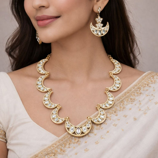 Traditional Gold-Tone Crescent Motif Necklace & Earring Set