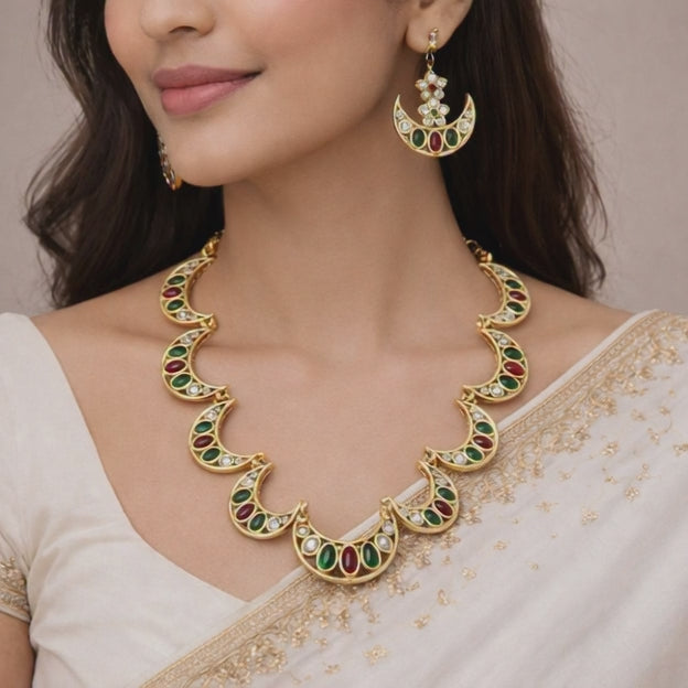 Traditional Gold-Tone Crescent Motif Necklace & Earring Set