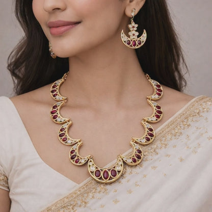 Traditional Gold-Tone Crescent Motif Necklace & Earring Set