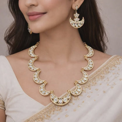 Traditional Gold-Tone Crescent Motif Necklace & Earring Set